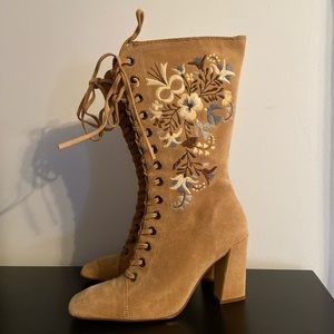 Nine West Suede Embroidered Lace Up Teenager Boot